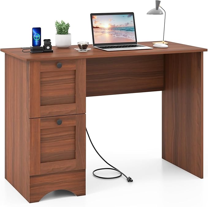 Tangkula Computer Desk with Drawers & Charging Station, Wooden Home Office Desk PC Laptop Notebook Desk, Compact Study Desk Writing Desk, Computer Workstation Ideal for Home & Office