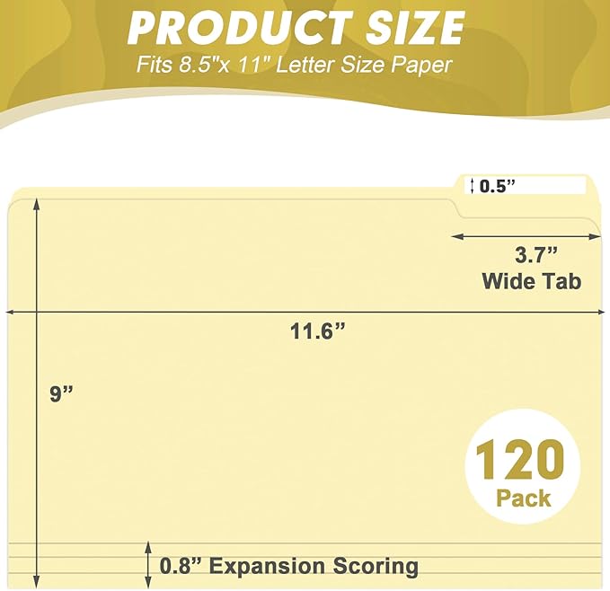 Manila Folders, HERKKA 120 Pack 1/3 Cut Tab File Folders, Manila Folders 8.5 x 11 Designed for Office and Classroom Use, Letter Size