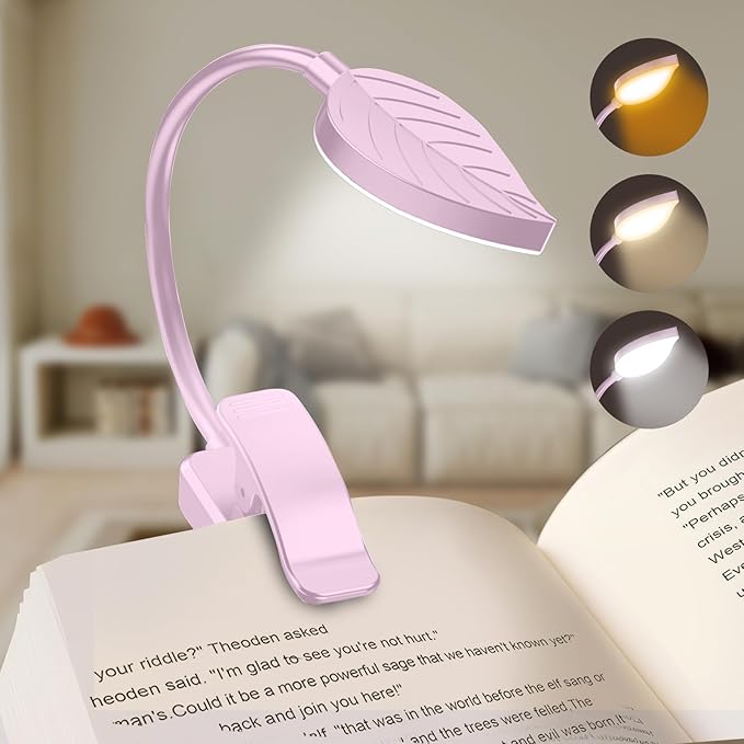 Rechargeable Book Lights for Reading at Night - Eye,3 Color Temperatures,3 Brightness Levels,Flexible Goose Neck Clip on Light,Reading Lights for Books in Bed with Power Indicator Bookworms (Pink)