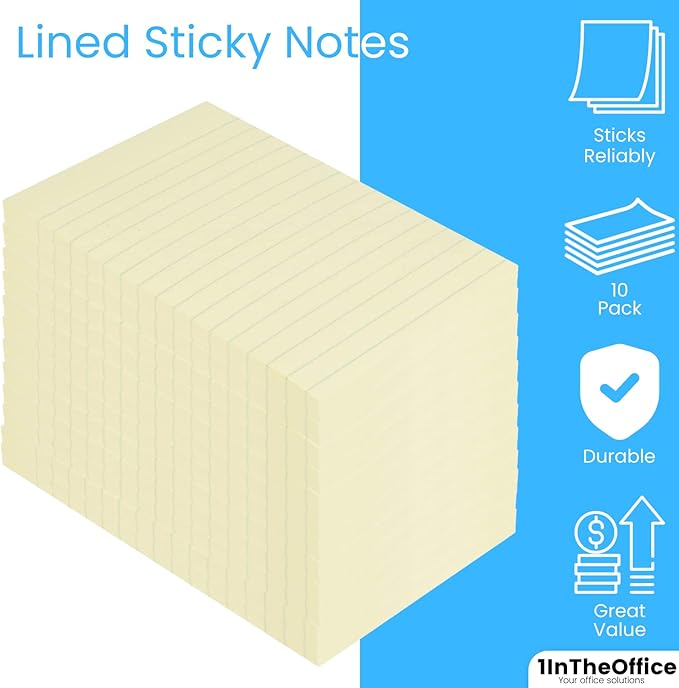 1InTheOffice Large Sticky Notes, Lined Sticky Notes 4x6, Yellow Note Pads, Self-Stick Strong Adhesive Memo Pads, 100-Sheet, (10/Pack)