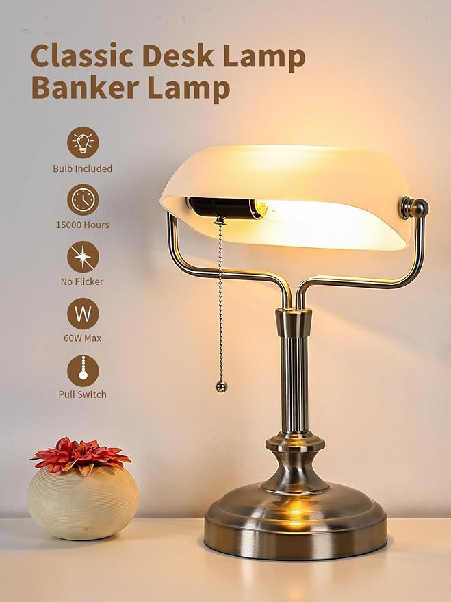 Traditional Banker's Desk Lamp with Glass Shade,Pull Chain Switch, LED Bulb Included (Satin Nickle+White)