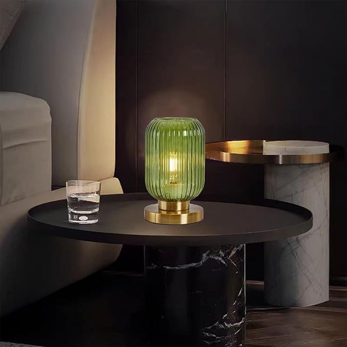 NKU Mid Century Table lamp Green Glass Bedside Table Lighting Dimmable Ribbed Modern Globe Table Lamp Small Vintage Nightlight Lamp Nightstand Lamp with Plug-in Style for Bedroom Living Room Office