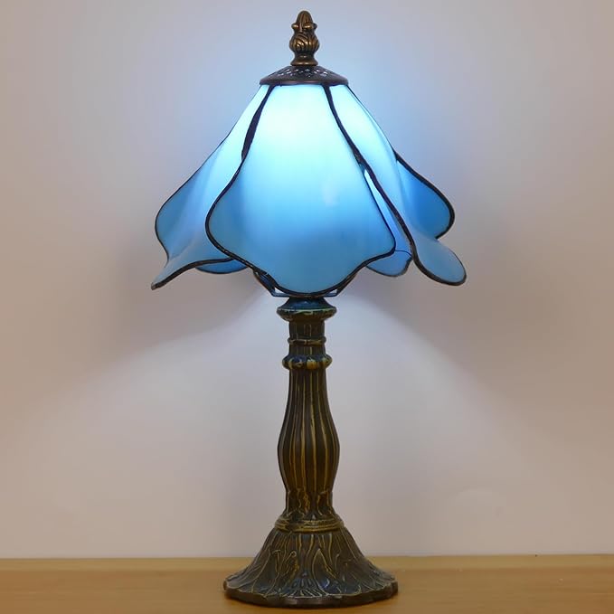 Small Tiffany Lamp Mini Stained Glass Table Lamp Bedside Accent Lamp Memory Sympathy 8X14.5 Inch (Blue)