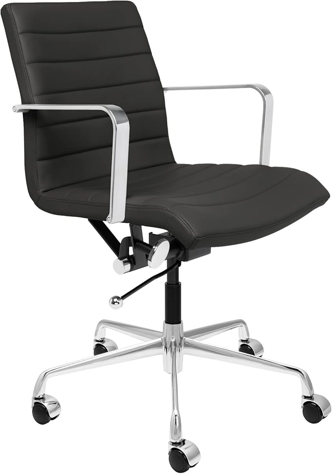 Laura Davidson Furniture SOHO II Ribbed Office Chair - Mid Back Desk Chair, Ergonomically Designed with Arm Rest & Swivel, Made of Faux Leather, Black, Computer Chair