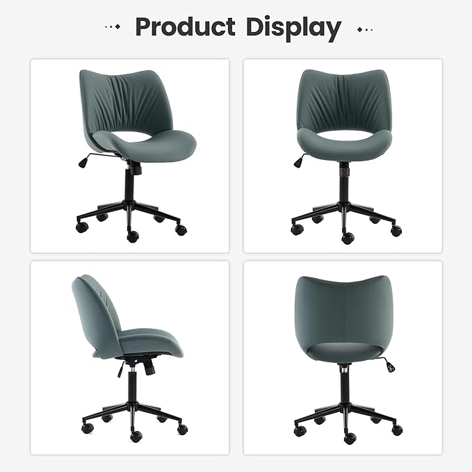Rowill Armless Office Desk Chair, Ergonomic PU Leather Modern Task Chair with Back Adjustable Height, 360° Swivel Vanity Chairs with Wheels for Small Space, Home Office, Bedroom, Grayish Green