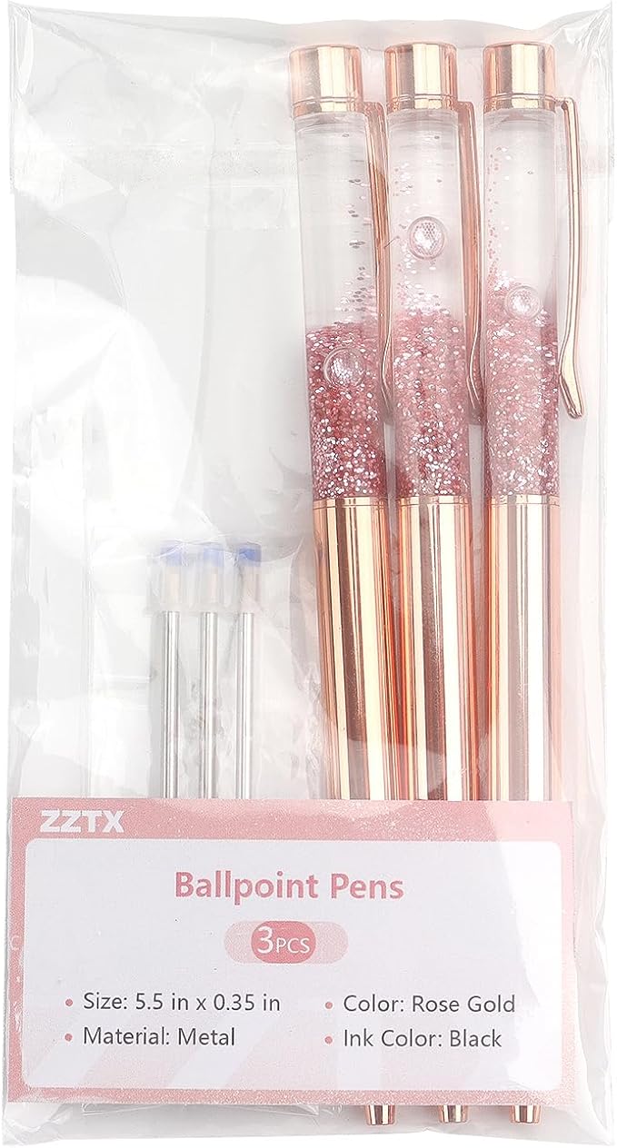 ZZTX 3 Pcs Rose Gold Ballpoint Pens Metal Pen Bling Dynamic Liquid Sand Pen Pretty Pens With Refills Black Ink Office Supplies Gift Pens For Christmas Wedding Birthday