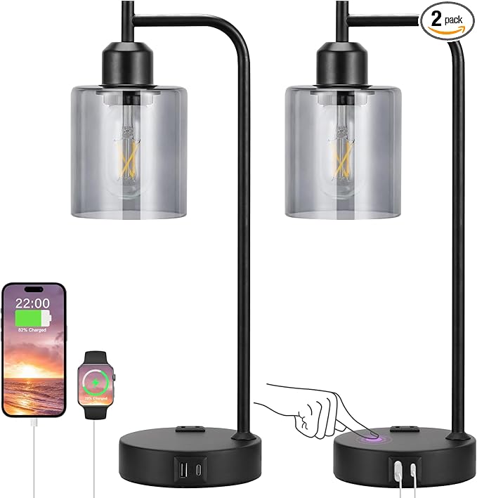 Innqoo Industrial Touch Bedroom Lamps for Bedrooms Set of 2-3-Way Dimmable Table Lamps with USB C+A Ports and Outlet, Bedside Lamps with Gray Glass Shade for Living Room, Desk Lamps for Home Office
