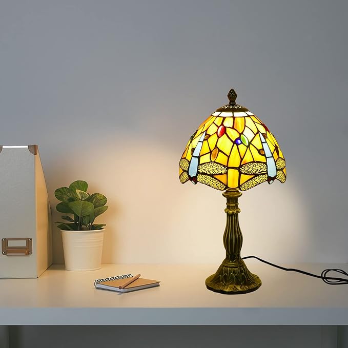 Tiffany Lamp Dragonfly Style Stained Glass Table Lamp Desk Reading Light, 8" Wide 15" Tall Bedside Table Lamp Decor for Small Space Bedroom Home Office