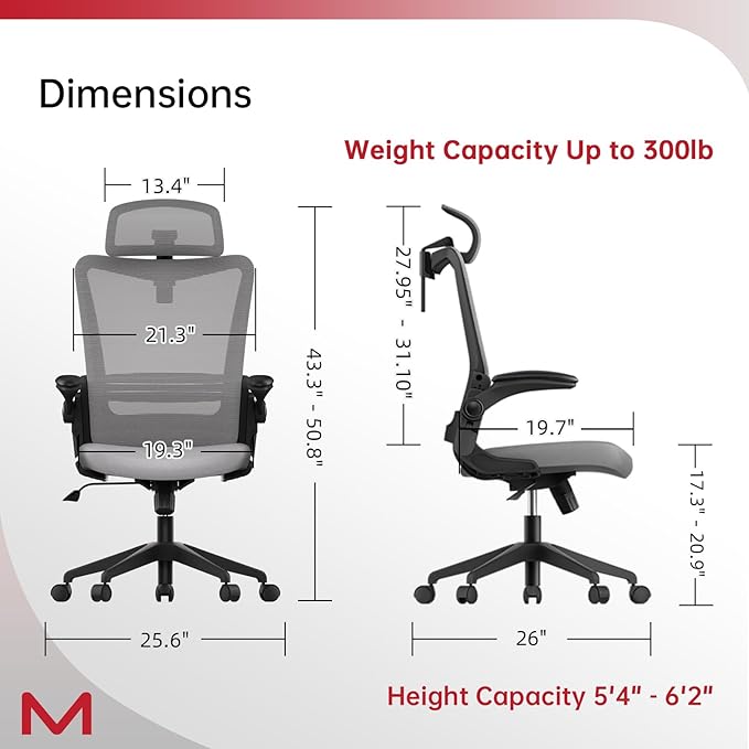 C6 Ergonomic Office Chairs with Adjustable Lumbar,Computer Desk Chair, Home Office Chair with Heardrest, Comfortable Study Chair with Armrest