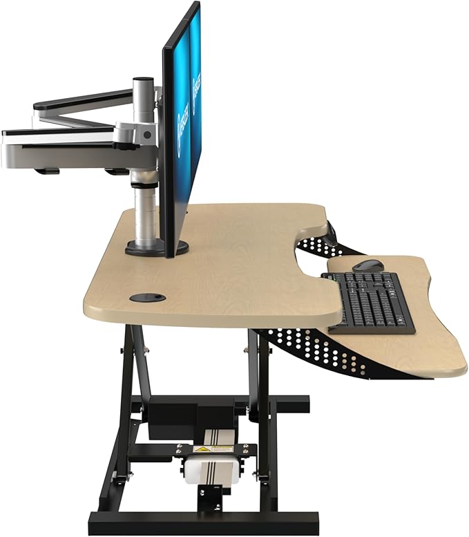 VERSADESK® PowerPro™ Elite 40” x 24" – App Controlled Wide Electric Standing Desk Converter w/USB Charging Port. Raises up to 20”. Fully Assembled – Includes LED Lights. Supports 80 lbs. – Maple