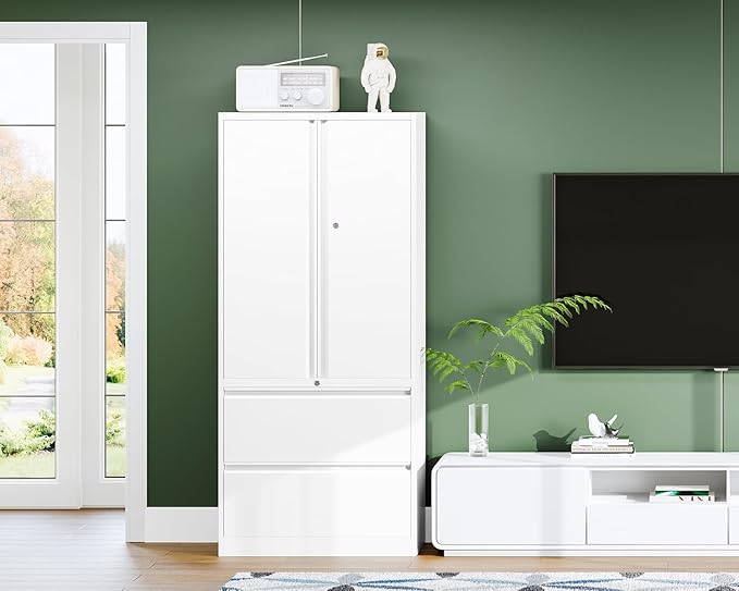 Letaya Metal Storage Cabinets for Home Office,File Cabinet-2 Drawers with Lock and Adjustable Shelves-Hang Legal/Letter/A4/F4 Size Filing-White
