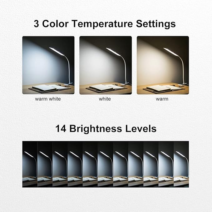 RAOYI LED Desk Lamp, 5W USB Clip on Light Eye-Caring Reading Clamp Table Lamp with 48 LEDs Flexible Gooseneck, 3 Color Modes and 14 Brightness Levels for Office Bedroom Study (White)