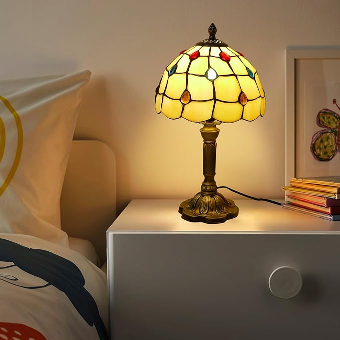 Tiffany Table Lamp - Beige with Colorful Beads, 14" Tall, 8" Wide Reading Lamp with Color Changing LED Bulb