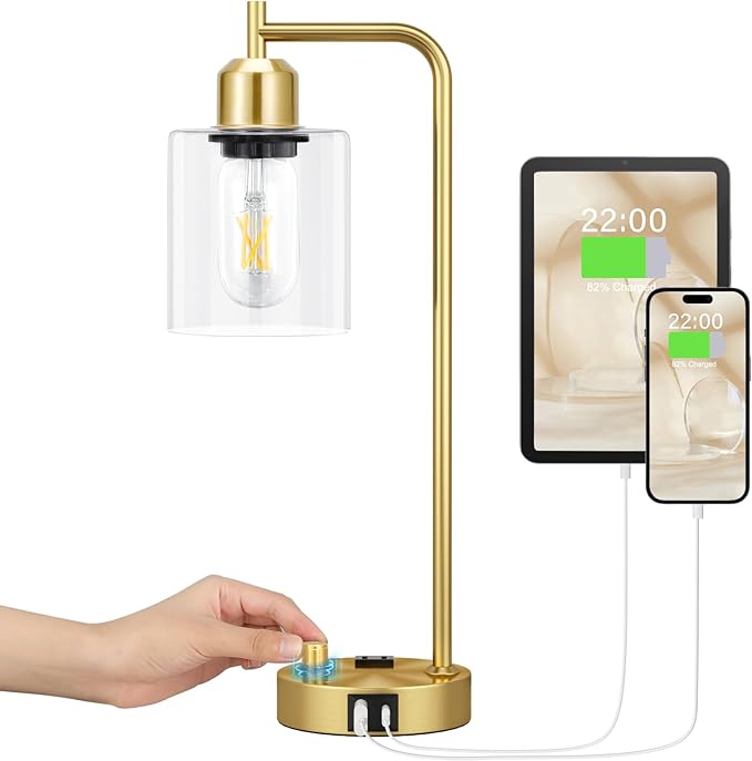 Innqoo Gold Table Lamp for Bedroom - Industrial Bedside Lamp with USB Port and Outlet, Fully Dimmable Nightstand Lamp with Clear Glass Shade, Small Desk Lamps for Home Office