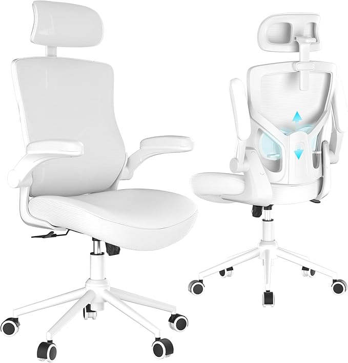 Home Office Chair, Ergonomic Comfy Desk Chair, High Back Computer Chair- Adjustable Headrest with Flip-Up Arms, Lumbar Support, Swivel Executive Task Chair (Modern, White)