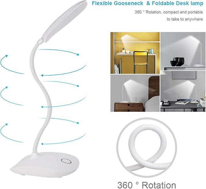 DEEPLITE LED Desk Lamp with Flexible Gooseneck 3 Level Brightness, Battery Operated Table Lamp 5W Touch Control, Compact Portable lamp for Dorm Study Office Bedroom(Set of 2)