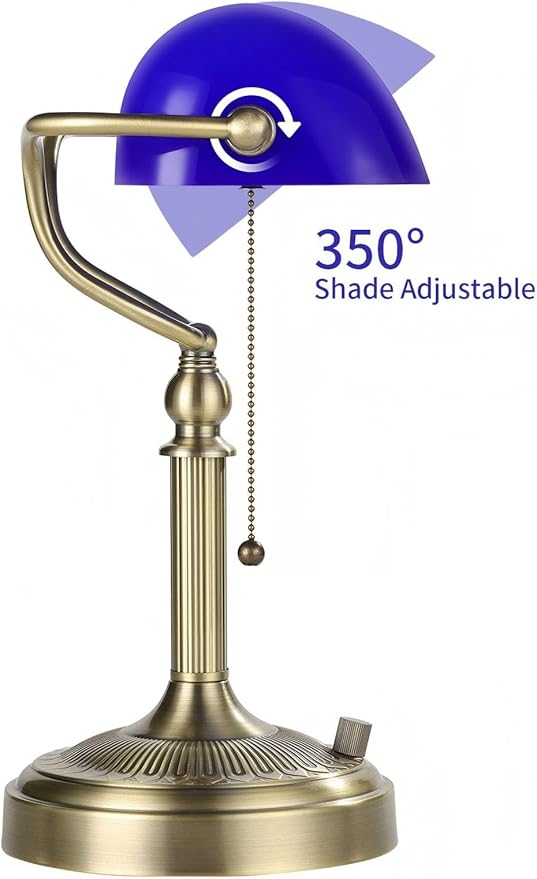Newrays Blue Glass Bankers Desk Lamp, Stepless Dimmable Table Lamp Plug in Fixture for Study, Home Office, LED Bulb Included