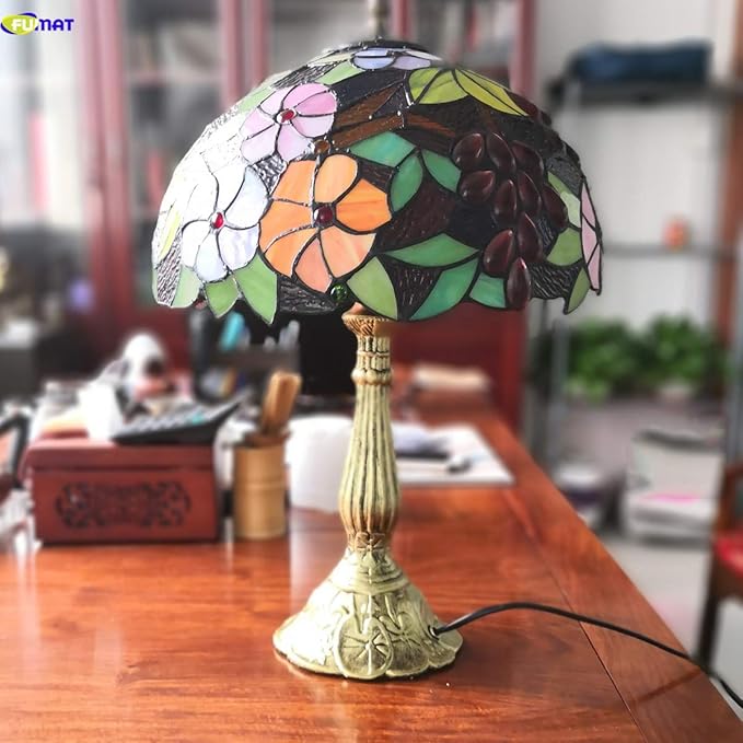 Tiffany Table Lamp Hand-Made Grape Rose Stained Glass Table Lamps Bedside Nightstand Lamp for Bedroom, Living Room, Home Office Desk Lamp,Home Deco Art,W/LED E26 Bulb,12X12X18Inch
