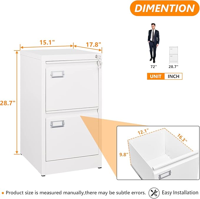 Metal Vertical File Storage Cabinet, 2 Drawer File Cabinet with Lock, 18" Deep Vertical Filing Cabinets for A4 Legal/Letter Size, Assembly Required (2 Drawer - White)