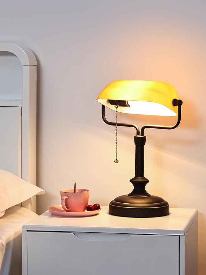 Traditional Banker's Desk Lamp with Glass Shade,Pull Chain Switch, LED Bulb Included (Antique Black+Matt Amber)