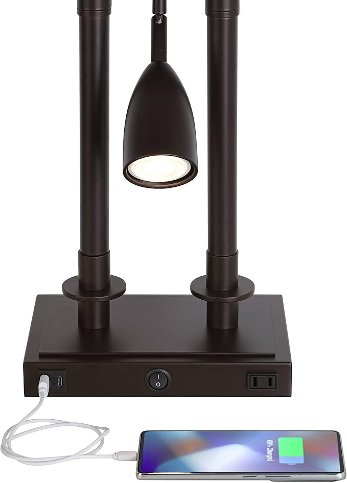 Possini Euro Design Bishop 26 1/2" Tall Modern Desk Lamp with USB Charging Port A+C and AC Power Outlet Brown Bronze Finish Metal Base White Shade Home Office Living Room Bedroom Bedside Nightstand