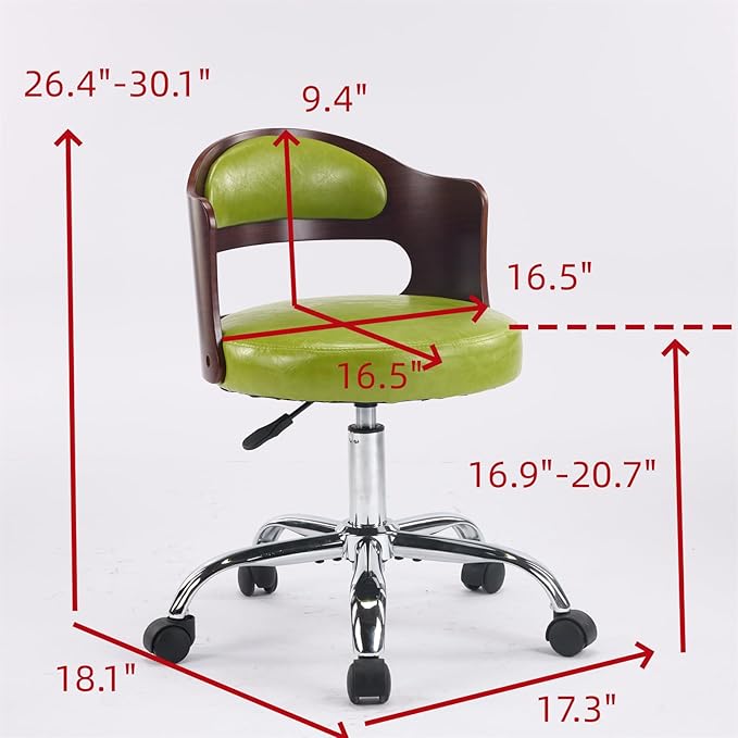 VINGLI Armless Home Office Desk Chair, Adjustable Swivel Chair,Dual-Use with/no Wheels,Small Retro Designed Walnut Curved Task Chair,Cushioned Nail Tech Chair for Study Area,Workspace,PU,Grass Green