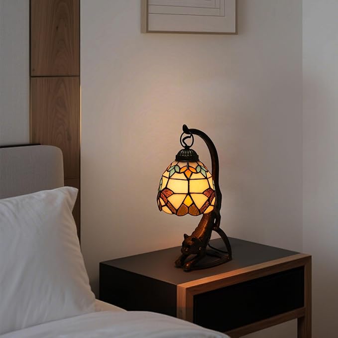 Tiffany Style Table Lamp, Stained Glass Bedside Nightstand Lamps with Cat Base, Vintage Antique Small Desk Light for Bedroom Living Room Home Office Reading Decoration, 5.9x15.74in (Style 1)