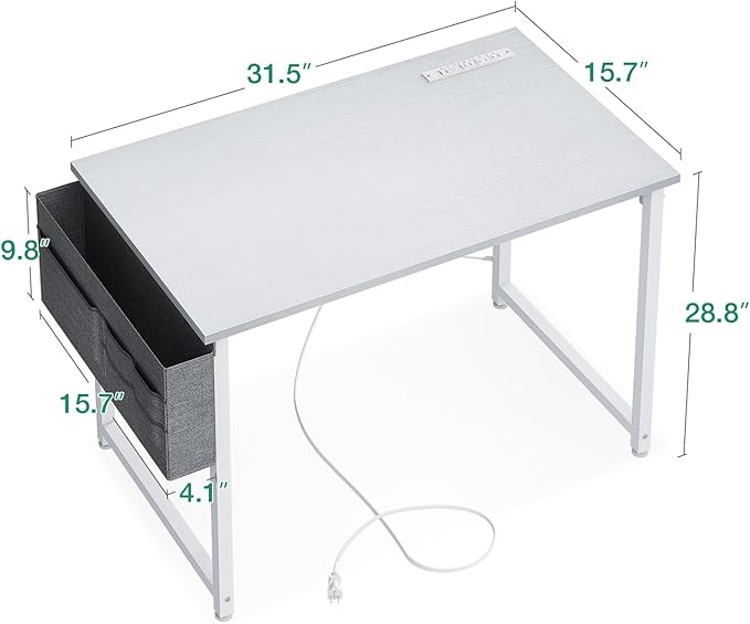 KKL Small Desk with Power Outlets and USB Port Computer Desk for Home Office Gaming Simple Modern Style Writing Desks with Storage Bag Headphone Hook, 32 inch, White