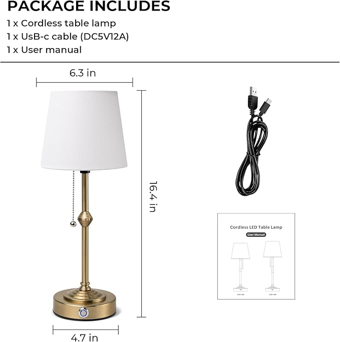 Rechargeable Cordless Table Lamp: Battery Powered Lamp,3 Level Brightness - Bedside Night Lamp, Ambient Light for Restaurant, Home, Bedroom, Dining Room, Camping, Cafe(Gold)