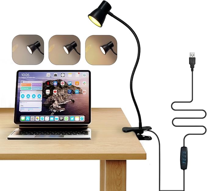 LUJOLUMIN Clip Desk Lamp, USB Reading Light, Flexible Neck Led Clamp Light with 3 Color Temperature Options, 10 Dimmable Brightness Levels for Working, Studying (8W)