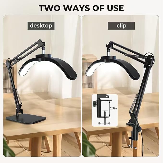 Half Moon Lamp for Nail Desk, 22W LED Lash Light with Adjustable Arm, Desk Clamp & Base, Foldable Nail Tech Lamp for Manicure, Eyelash Extensions, Beauty, Tattoo, Esthetician