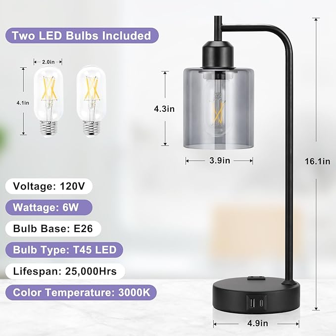 Innqoo Industrial Touch Bedroom Lamps for Bedrooms Set of 2-3-Way Dimmable Table Lamps with USB C+A Ports and Outlet, Bedside Lamps with Gray Glass Shade for Living Room, Desk Lamps for Home Office