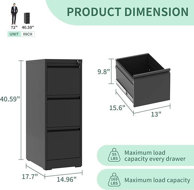 File Cabinet, Vertical File Cabinets with Lock for Home Office,Heavy Duty Office Steel Filing Cabinet for Hanging Letters/Legal/A4, Assembly Required (Black, 3 Drawers-New)
