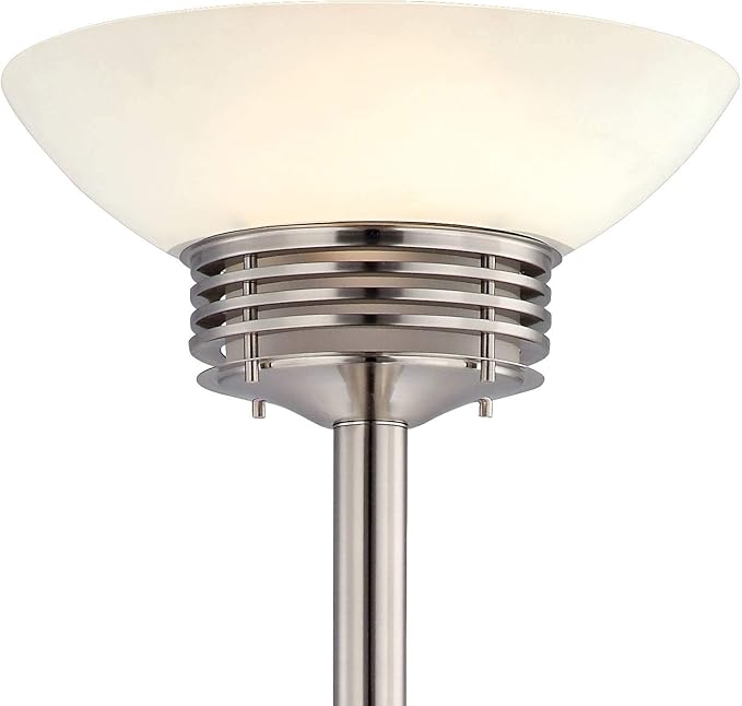 Possini Euro Design Light Blaster Art Deco Torchiere Floor Lamp LED 72.5" Tall Brushed Nickel Silver Frosted White Glass Bowl Standing Pole Light for Living Room Reading House Bedroom Home