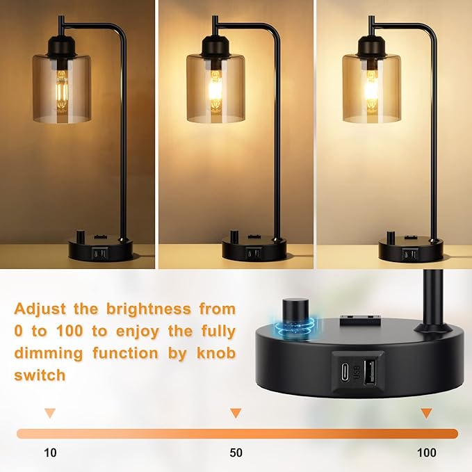 Innqoo Industrial Small Desk Lamp for Nightstand - Amber Clear Glass Shade Table Lamp with USB C Port, Fully Dimmable Black Bedside Lamp with USB Port and Outlet, Bedroom Lamp for Reading Office