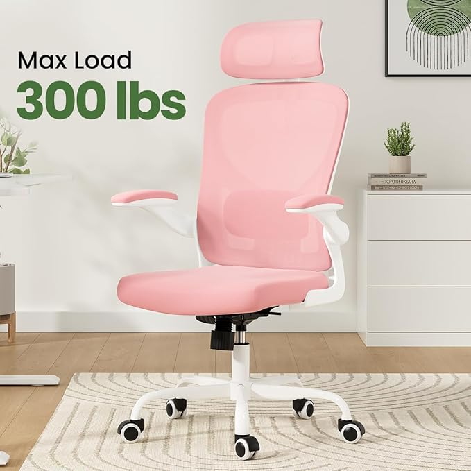 Soohow Ergonomic Office Chair, Office Mesh Desk Chair with Adjustable Lumbar Support Armrests, Comfy Computer Desk Chair with Headrest, for Home and Office, White & Pink