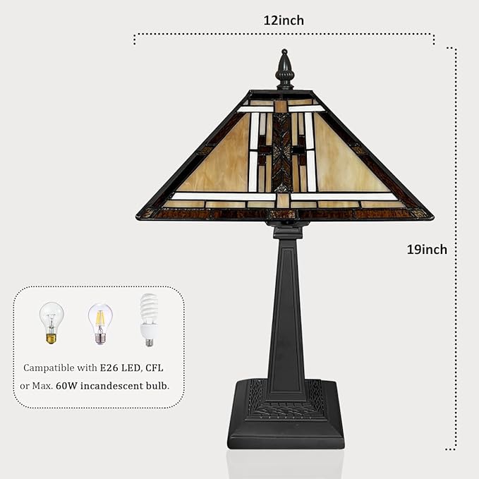 Tiffany Table Lamp,Mission Stained Glass Table Light,Antique Style Medium Size Desk Lamp Vintage Beside Reading Lamp for Living Room Bedroom Office