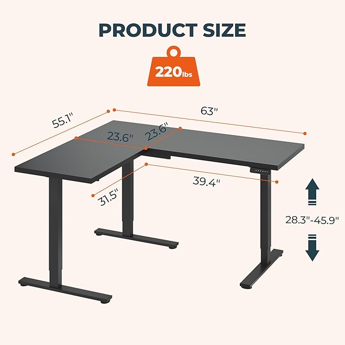 L-Shaped Standing Desk, 63 x 55 Inches Height Adjustable Desk with Storage, Sit and Stand up for Work Office Home, Ergonomic Rising Computer Table for Home Office with Splice Board, Black