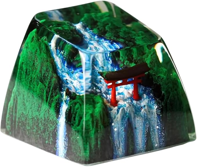 Red Torii Gate Artisan Keycap Japanese Shrine with Summer Waterfall R1 SA Profile Custom Keycaps 1U ESC Handmade Gaming Resin Key Cap Cherry MX Switch Compatible Mechanical Keyboard Japan Lover Gift