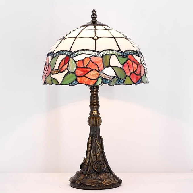 Tiffany Stained Glass lamp 12X12X19 inch red Rose Style Desk Reading Light in Bedroom Living Room (Red Rose)
