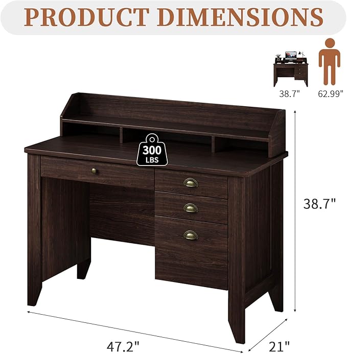 4 EVER WINNER Small Desk with Drawers, Wood Desk with Monitor Stand, Computer Desks with File Drawer, Small Spaces, Espresso