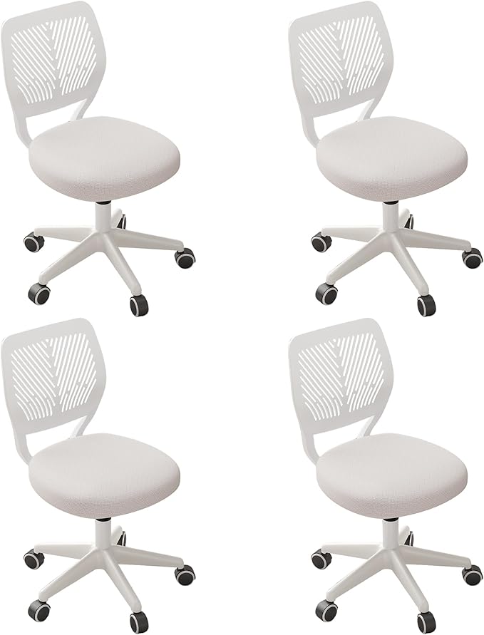 Armless Desk Chair, Height Adjustable Swivel Office Rolling Task Chairs with Soft Mesh Padded Cushion, Ergonomic Small Study Computer Chair for Girls Boys Teens (White, 4PCS)