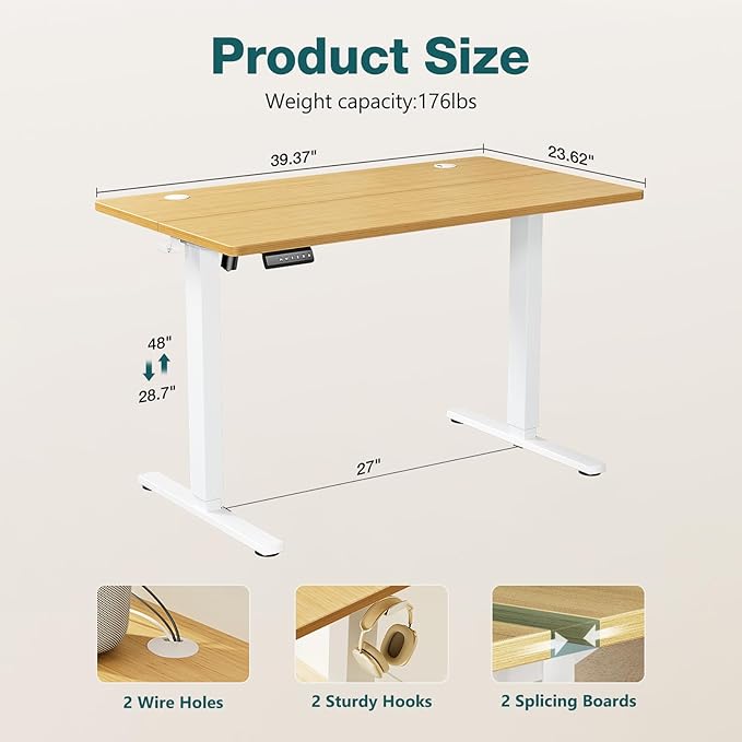 Electric Standing Desk, Adjustable Height Stand up Desk, 40x24 Inches Sit Stand Home Office Desk with Splice Board,Bamboo