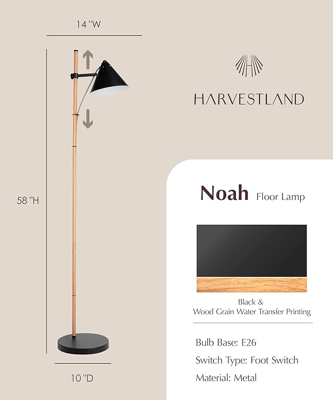 HarvestLand Noah Black Standing Lamp – Adjustable Floor Reading Lamps Over Chair with Solid Base, Reading Floor Lamp, Black Floor Lamp for Living Room and Bedroom, Library Décor, Rustic Floor lamp