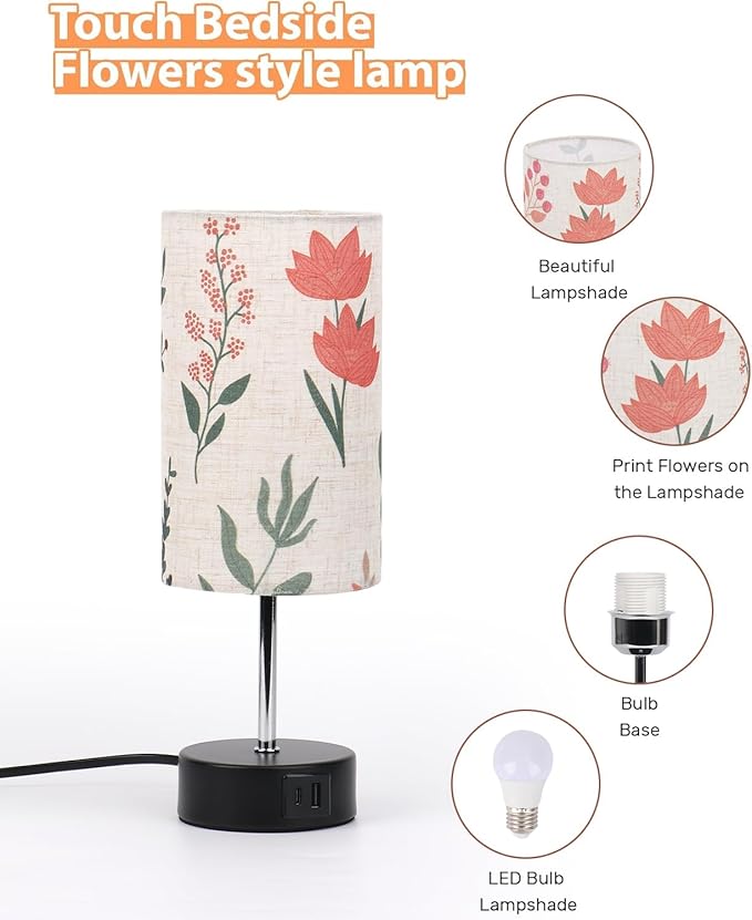 Touch Bedside Table Lamp, 2 USB Ports, 3-Way Dimmable Bedside Lamp for Bedroom, Nightstand Lamp with Round Flower Fabric Shade for Living Room, Home Office