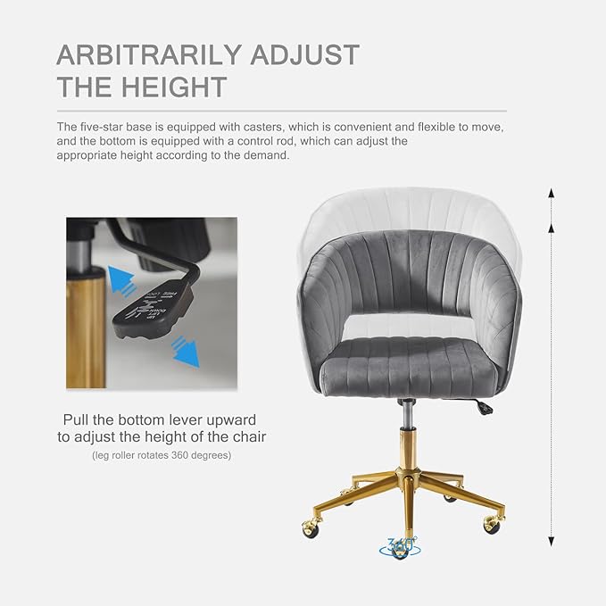 Nrizc Velvet Office Desk Chair, Grey, Adjustable Swivel Wheels, Ergonomic Design for Home Office, Bedroom, Study