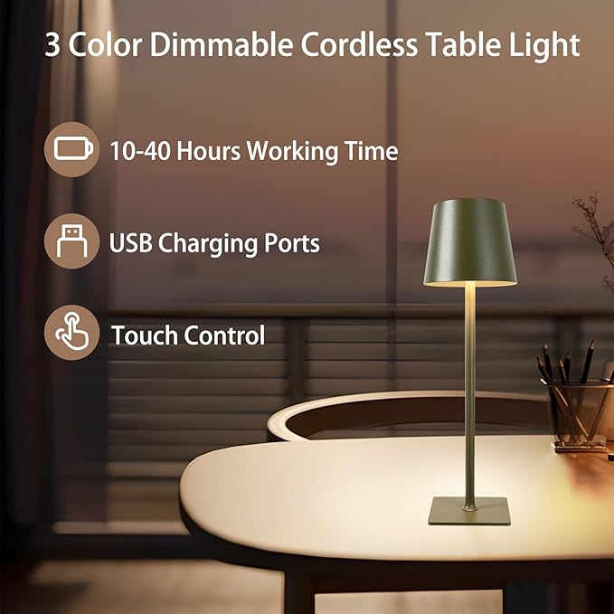 MIOBLUE 2 Pack Cordless Table Lamp,Portable LED Desk Lamp, 5200mAh Battery Operated, 3 Color Dimmable Table Light for Restaurant,Coffee Shop Night Light,Bedroom,Bars,Outdoor Party,Camping(Mint Green)