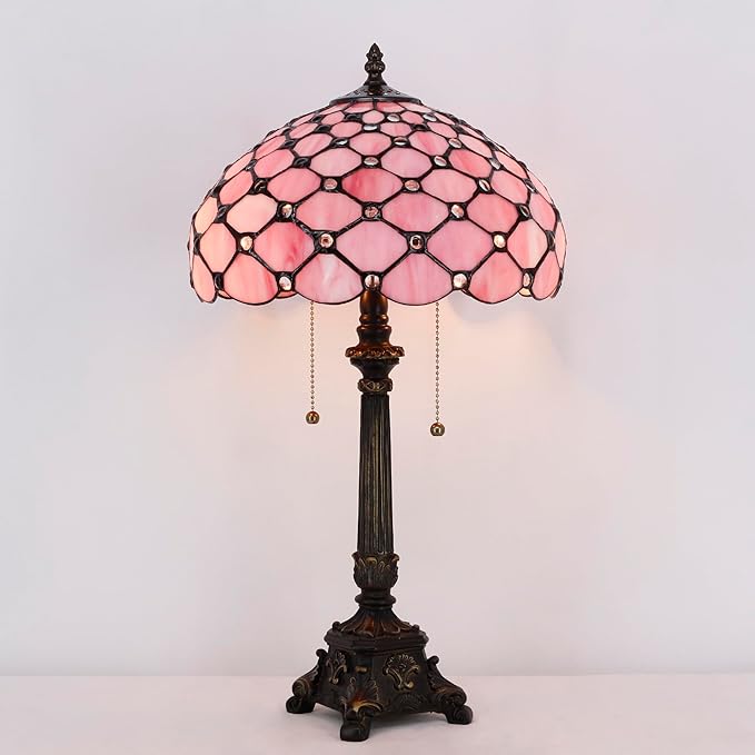 Tiffany Table Lamp Pink Bead Style Stained Glass Desk Lamp 12X12X21 Inches Reading Light