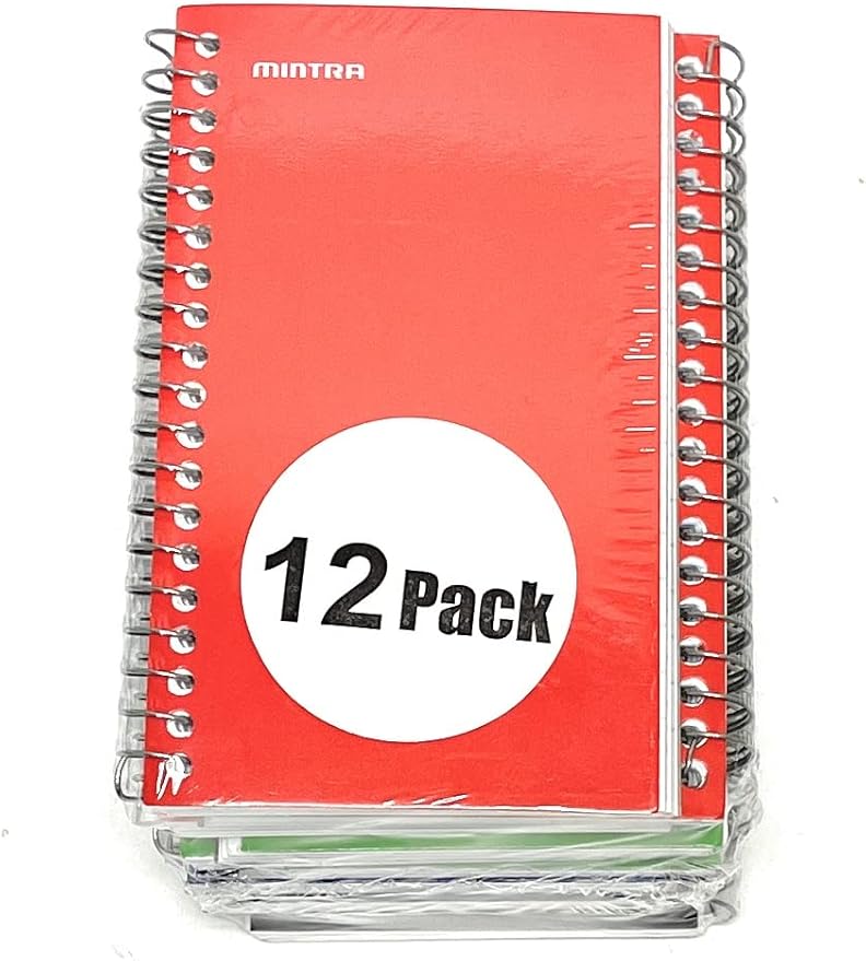 Mintra Office Small Spiral Notebooks (3x5 Side Spiral 12pk, Primary) - Bulk Pack of 12, Mini Pocket Notebook, Reporter Journal, Assorted Colors, College Ruled Lined Paper, 70 Sheets