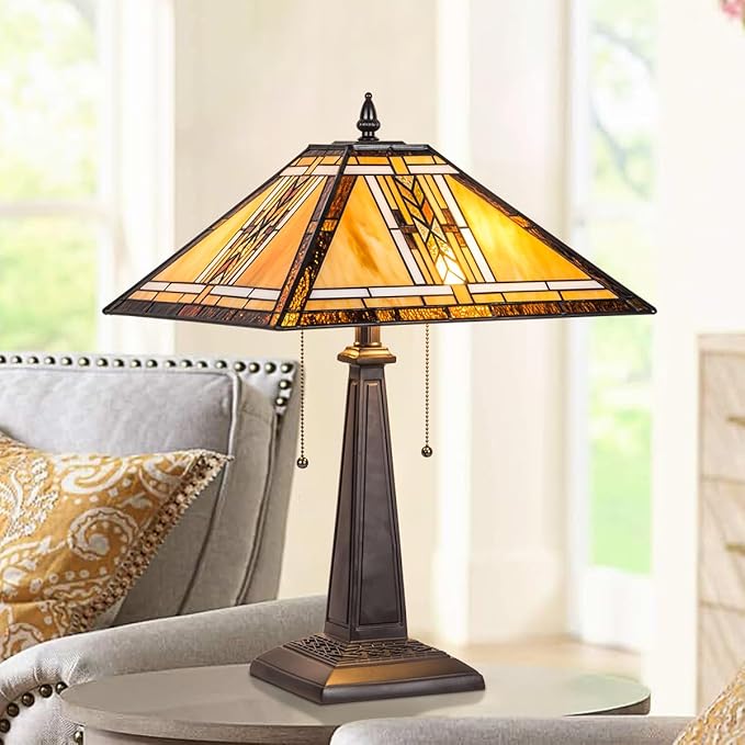 Tiffany Table Lamp,Mission Style Stained Glass Table Light,Antique Style 16 inch Large Desk Lamp,2 Lights Vintage Beside Reading Lamp for Living Room Bedroom Office